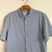 Zara Men Camp Shirt L Blue Short Sleeve Collarless Button Down Casual Pr... - £18.42 GBP