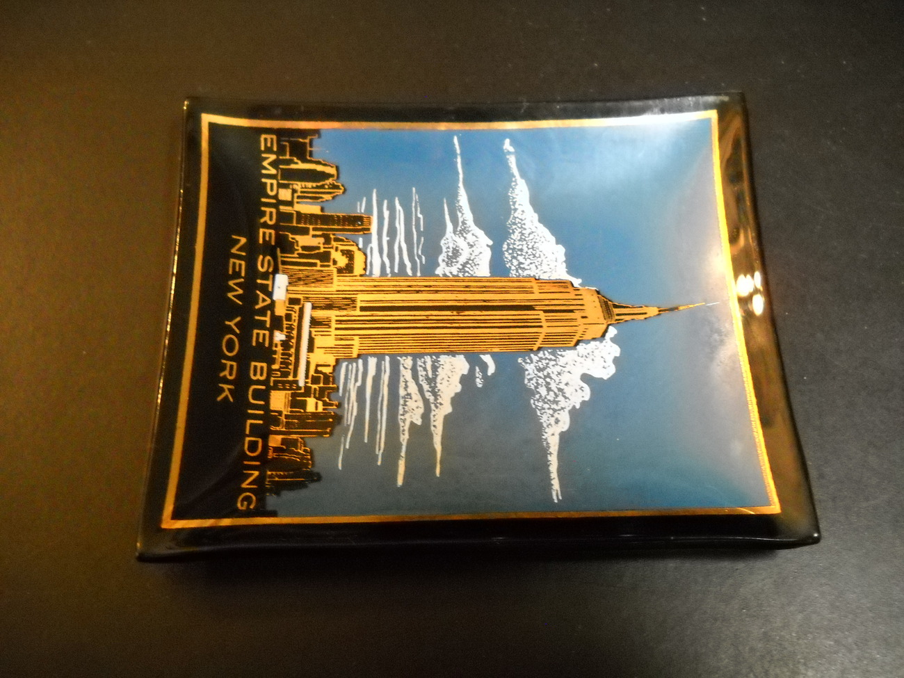 House Art Glass Tray Empire State Building New York Made USA Blues Golds Black - $6.99