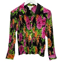 Vintage Allison Taylor Silk Blouse Size L Black Pink Floral Crinkle Stre... - £31.36 GBP