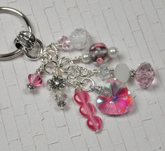 Heart Flower Crystal Beaded Handmade Keychain Split Key Ring Pink White - $16.82