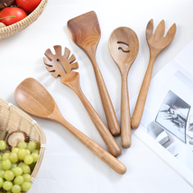 Wooden Spoon for Cooking Utensils, Thick round Handle Wood Kitchenware Tool Set, - £23.63 GBP