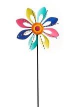 Flower Wind Spinner Garden Stake Iron 39.4&quot; High Double Pronged Multi-Color - $39.59