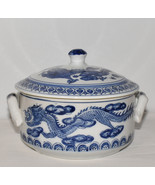 Vtg 1970s Chinese Lidded Bowl w Dragons Blue White Hand Painted Porcelai... - $95.00