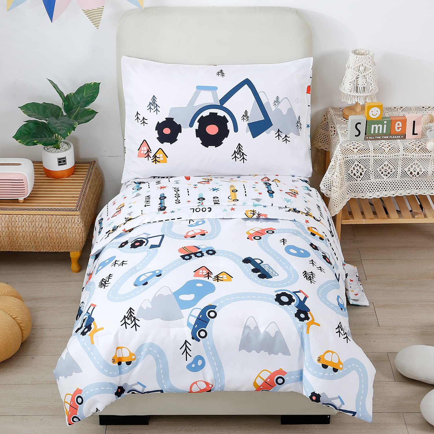 Toddler Bedding Kids 4 Pieces Bed In A Bag For Boys Cars Printed Microfiber Todd - $73.99