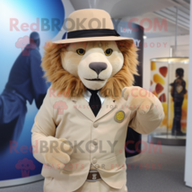 Tan Lion mascot costume character dressed with a Suit and Hat pins - £949.10 GBP