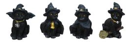 Set of 4 Halloween Black Cats With Witch Hats Broom Pentagram Mini Figur... - $22.99