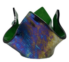 Studio Blown Iridescent Art Glass Folded Handkerchief Vase Bowl Candle Holder - £28.18 GBP