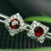 1.50Ct Round Cut CZ Red Garnet Stud Earring 14K White Gold Finish - £123.41 GBP