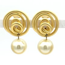 NORMA JEAN vintage runway clip-on earrings - brushed gold-tone faux pear... - £27.97 GBP