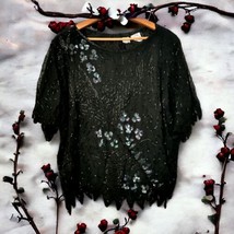Vintage Embellished Black Sequin Blouse L Top Witchcore Fairy Scalloped READ  - £11.93 GBP