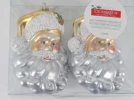Christmas Ornaments Shatterproof Celebrate It Santa Silver Gold Original Box 2pc - £11.00 GBP