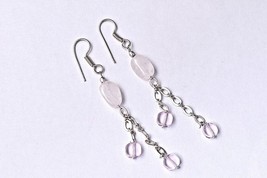 Handcrafted Rhodium Polished Rose Quartz Fancy Designer Earrings Casual Wear - £22.53 GBP