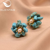 XlentAg Handmade Natural Sky Blue Stone Stud Flower Earrings Natural s Jewelry F - £18.36 GBP