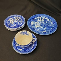 Lot of 10 Vintage Japanese Blue Willow Transferware Dessert Plates Saucers &amp; Cup - £19.77 GBP