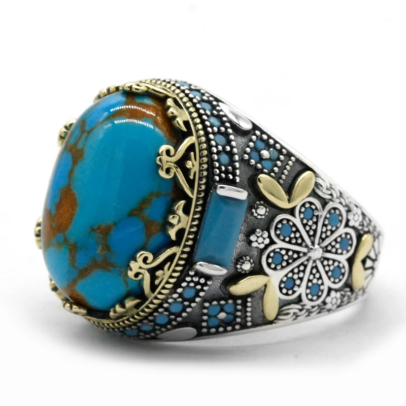 925 Sterling Silver Turquoise Ring for Men Women Natural Gemstone Lucky Stone Tu - £57.43 GBP