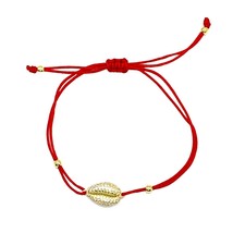 CZ Pave Gold Plated Cowrie Sea Shell Charm Adjustable Silk Cord Bracelet - £19.97 GBP