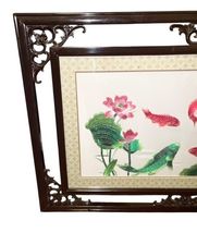 Vintage Asian Framed Art Landscape Carved Wood Frame 32.75x21 Goldfish Fish Luck image 2