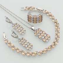 Champagne Cubic Zirconia White CZ 925 Silver Jewelry Sets For Women Wedding Brac - £24.13 GBP