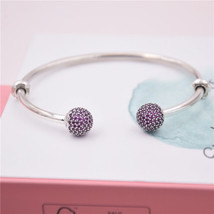 925 Sterling Silver Open Bangle with Ruby Red Cz Pave Ball Bangle Bracelet - £23.36 GBP