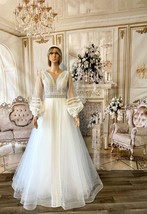 Boho Size 6 A-line Wedding Ivory Tulle Long Sleeves Bridal Gowns  No Train Dress - £206.37 GBP