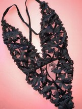 NWOT Victoria&#39;s Secret XS TEDDY one-piece bodysuit BLACK floral APPLIQUE - £62.05 GBP