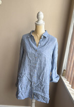 Tahari Womens Sz M Linen Shirt Tunic Top Nwt Blue Roll Tab Sleeve New - £33.95 GBP