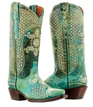 Womens Turquoise Wedding Western Cowgirl Boots Bridal Rhinestone Embroidery Snip - £197.21 GBP