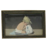Antique Wood Framed Child Print Baby Boy w Blue White Pottery Cookie Jar... - $108.29 CAD