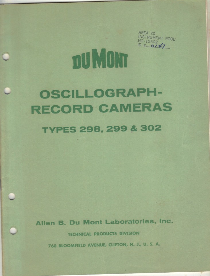 Dumont Oscilloscope Record Cameras Type 298,299 &amp; 302 Specs  Operation 2... - $11.63