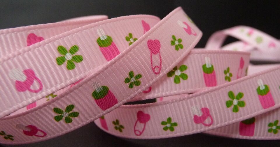 3/8&quot; BABY BOTTLE on pink grograin RIBBON - 1 yd pacifier safety pin baby... - $2.37