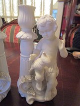 Parian Bisque Figurine Pair Of Angels Cherubs With Bird Candle Holders 9&quot; - £98.94 GBP