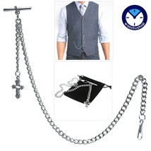 Albert Chain Silver Color Pocket Watch Chain for Men with Cross Fob T Ba... - $17.99