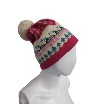 Vintage Mountain Ladies &amp; Ewe Wool Knit Beannie Ski  Pom Pom hat Pink Houses - £23.88 GBP
