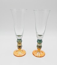Champagne Flutes Green Bubble Stem Amber Foot Set of 2 - £19.65 GBP