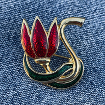 Signed SFJ Flower Pin Brooch Gold Tone Enamel Red Green Lotus Flower EUC - £6.95 GBP