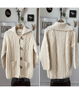 Carraig Donn Aran Cable Knit Cardigan Sweater Wool Ireland Horn Button XL - €46,34 EUR