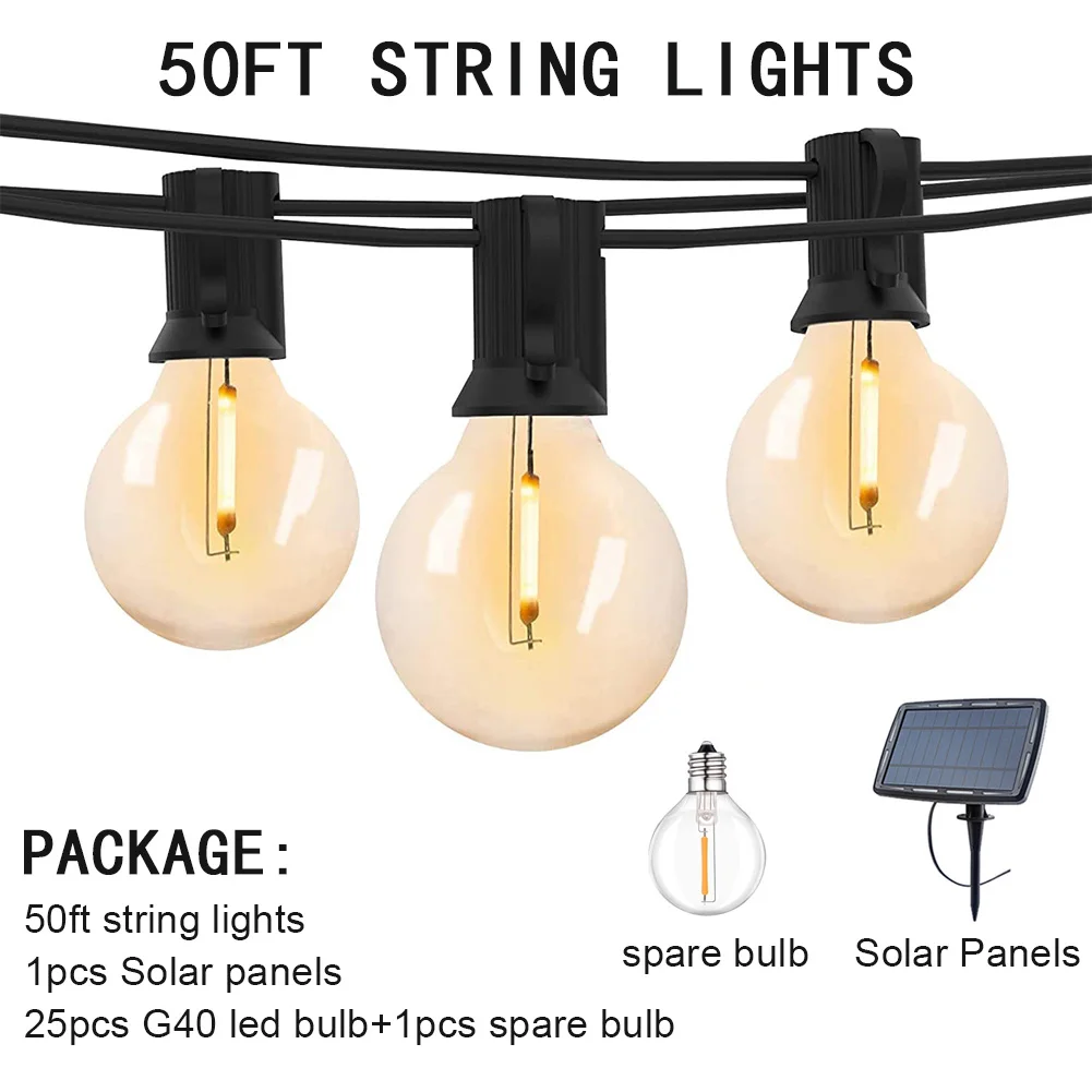 100/50/25ft Solar Led String Lights Chargeable Outdoor G40 Plastic Bulb LED Gard - £117.93 GBP