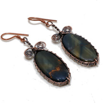 Tiger&#39;s Eye Gemstone Copper Wire Wrap Drop Dangle Earrings Jewelry 2.50&quot; SA 52 - £4.05 GBP