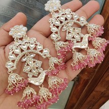 Bollywood Style Gold Plated Indian CZ Kundan Pink Jhumka Earrings Jewelry Set - £29.87 GBP