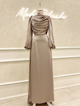 Long Lantern Sleeves High Collar Luxurious  Stretch Satin Evening Dress  Champag - £77.66 GBP