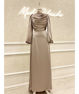 Long Lantern Sleeves High Collar Luxurious  Stretch Satin Evening Dress ... - $98.00