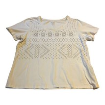 Tanjay Women&#39;s Beige Geometric Design Short Sleeve Blouse Top Size Petite Medium - $12.19