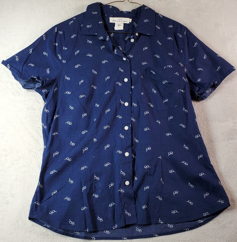 Primary image for H&M Shirt Womens Size 12 Blue Eyeglasses Print Short Sleeve Collared Button Down