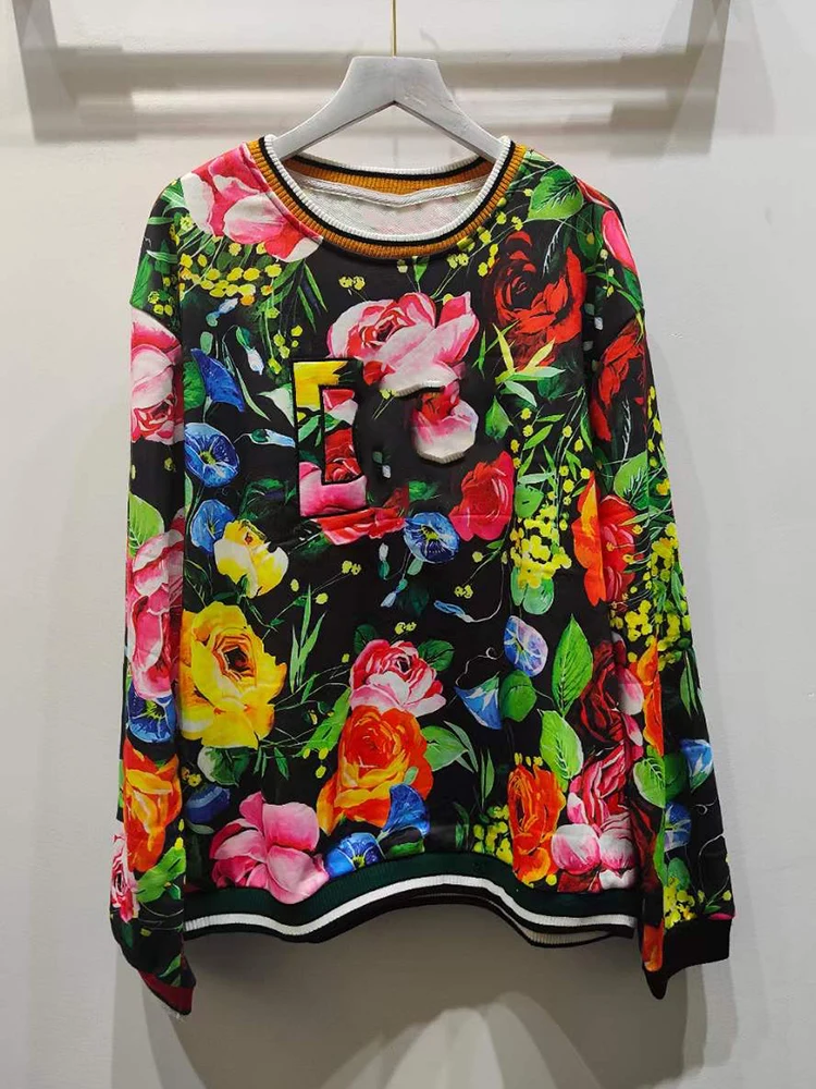 Designer's retro rose print stitching thread round neck long sleeve sweater coat - $324.81