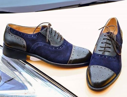 Handmade Men’s Black & Navy Color Leather & Suede Shoes, Cap Toe Brogue Dress Fo