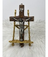 Vintage Wooden Metal Wall Cross Crucifix Holy Religious Carved Dark Brow... - $25.99