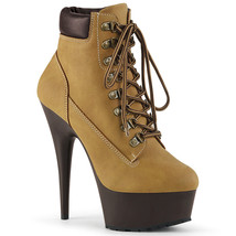 Pleaser DELIGHT-600TL-02 6&quot; Heel Nubuck Tan Brown Lace Up Platform Ankle Boots - $97.95