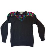 Vintage 80s Black Sweater M Sequin Beaded Neckline Cotton Ramie Knit - $38.03 CAD