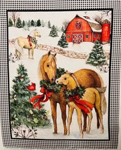 Christmas Two Horses Barn Susan Winget Cotton Fabric 36&quot;X44&quot; Wall Panel, Plaid - £11.10 GBP