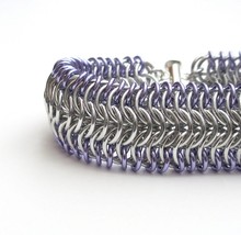 Chainmail cuff bracelet, silver &amp; lavender chainmail jewelry - £39.96 GBP